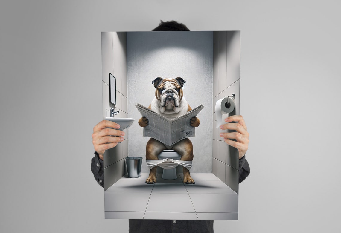 Photograph Of An English Bulldog Reading The Newspaper On The Toilet Fun Bathroom Decor Bathroom Wall Art Wc Toilet Poster Unique Gift - Image 3