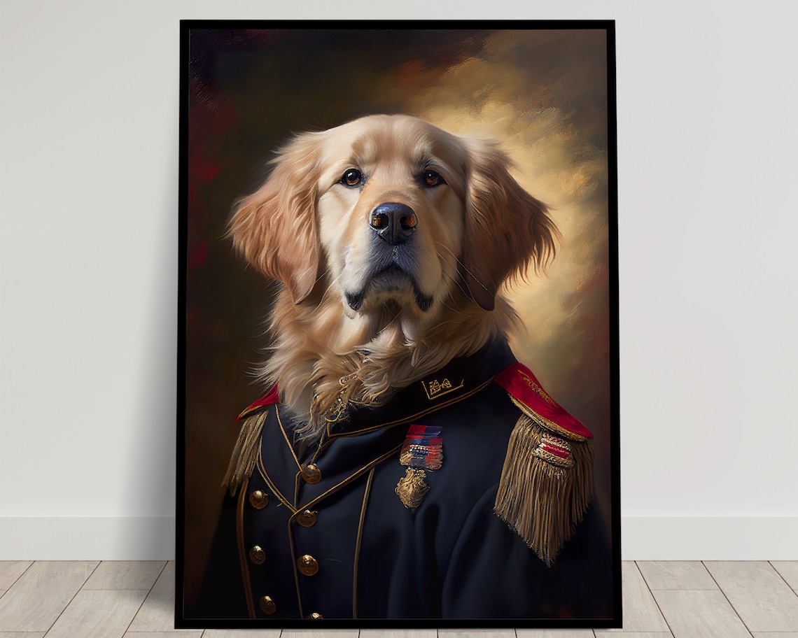 Golden Retriever in Military Uniform Art Print