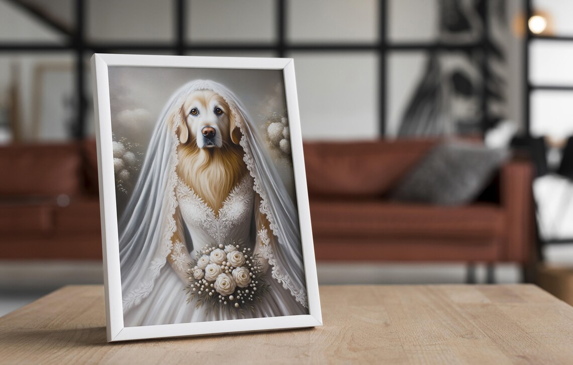 Golden Retriever Bride in Veil Holding White Rose Bouquet Poster - Image 4
