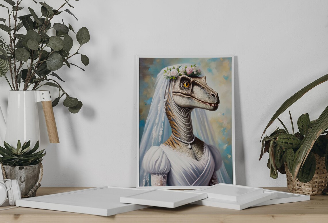 Velociraptor Bride in a Wedding Dress with a Rose Crown Dinosaur Poster - Image 2