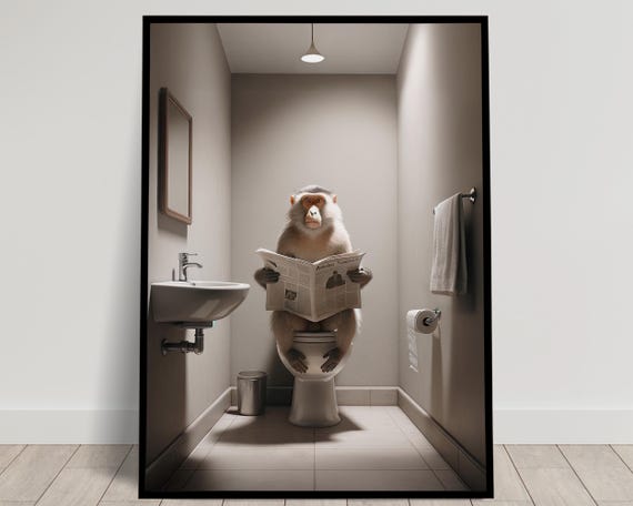 Photograph Of A Macaque Reading The Newspaper On The Toilet Funny Bathroom Decor Bathroom Wall Art Wc Toilet Poster Unique Gag Gift