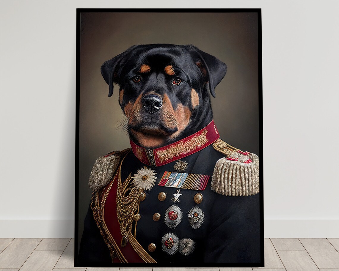 Portrait Of A Rottweiler In Military Uniform Art Print