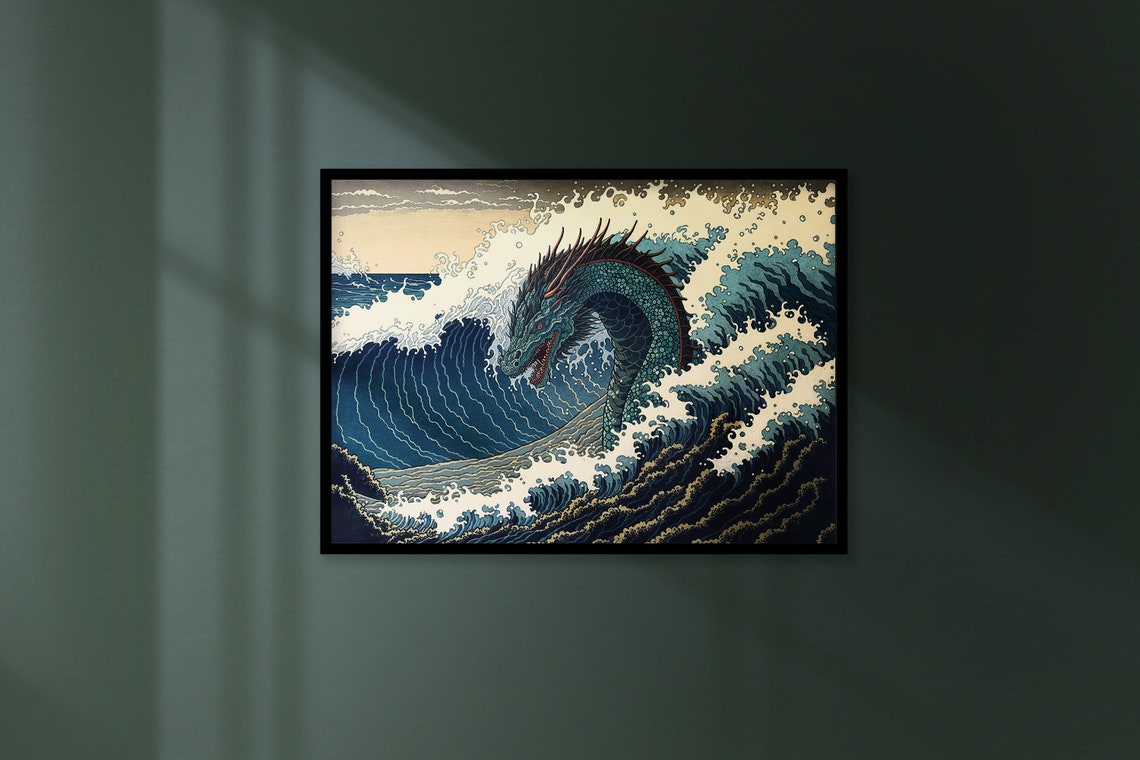 Japanese Dragon Rising From Ocean Waves Vintage Ukiyo E Poster - Image 2