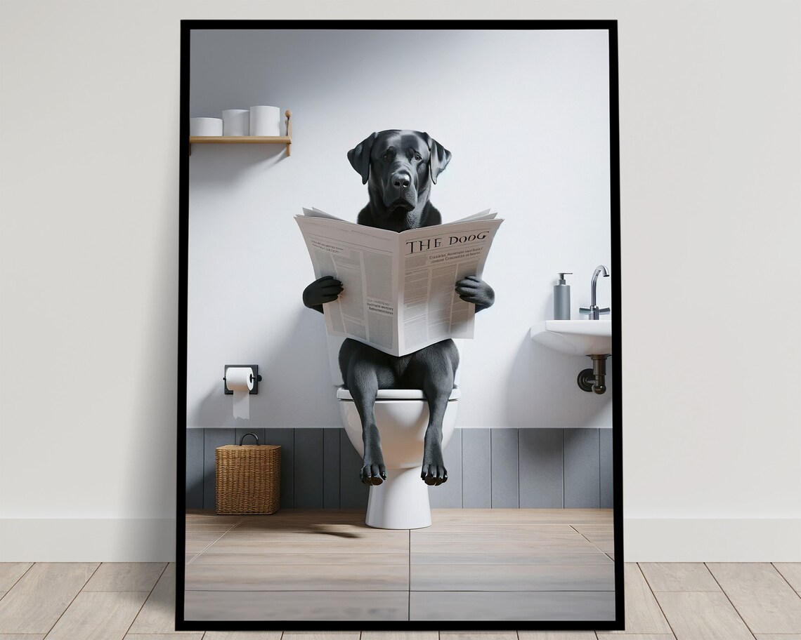 Funny Black Lab Reading Newspaper On Toilet Bathroom Dog Humor Poster