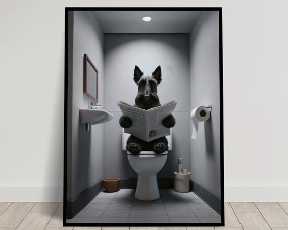 Photograph Of A Scottish Terrier Reading The Newspaper On The Toilet Funny Bathroom Decor Bathroom Wall Art Wc Toilet Poster Gag Gift