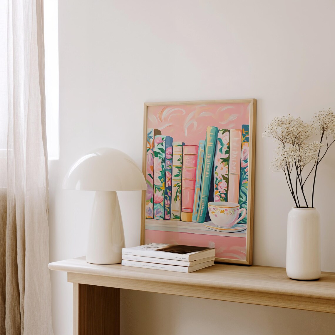 Pastel Floral Bookshelf with Teacup Pink Reading Nook Artwork Poster - Image 4