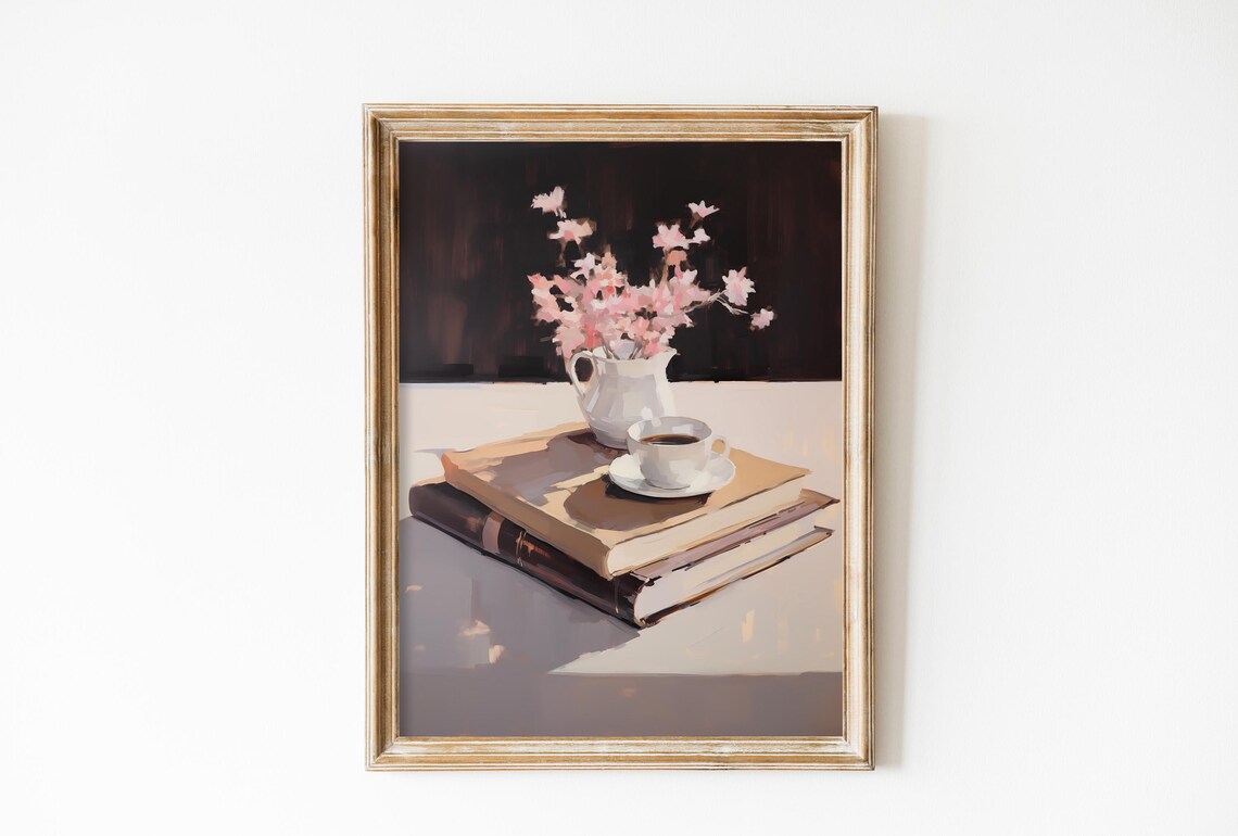 Coffee And Books Art Print, Floral Pastel Decor