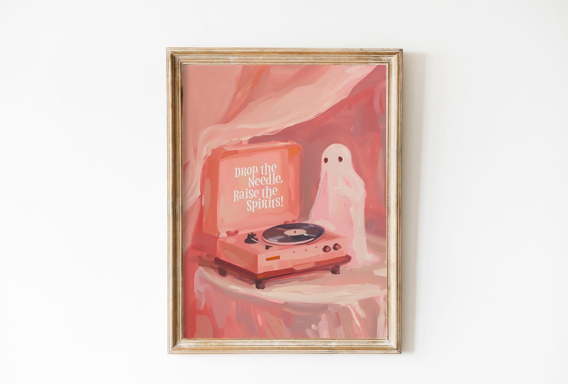 Drop The Needle Ghost Record Player Pink Halloween Music Poster