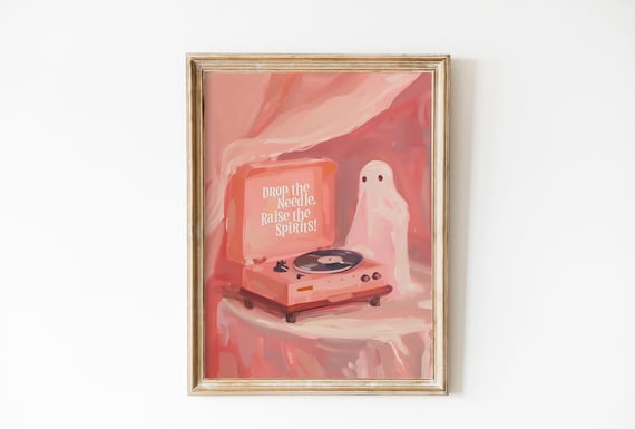Drop The Needle Ghost Record Player Pink Halloween Music Poster