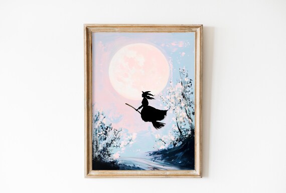 Witch Flying Above The Sky Painting Witchy Halloween Decor Girls Room Halloween Spooky Cute Witch Moon Print