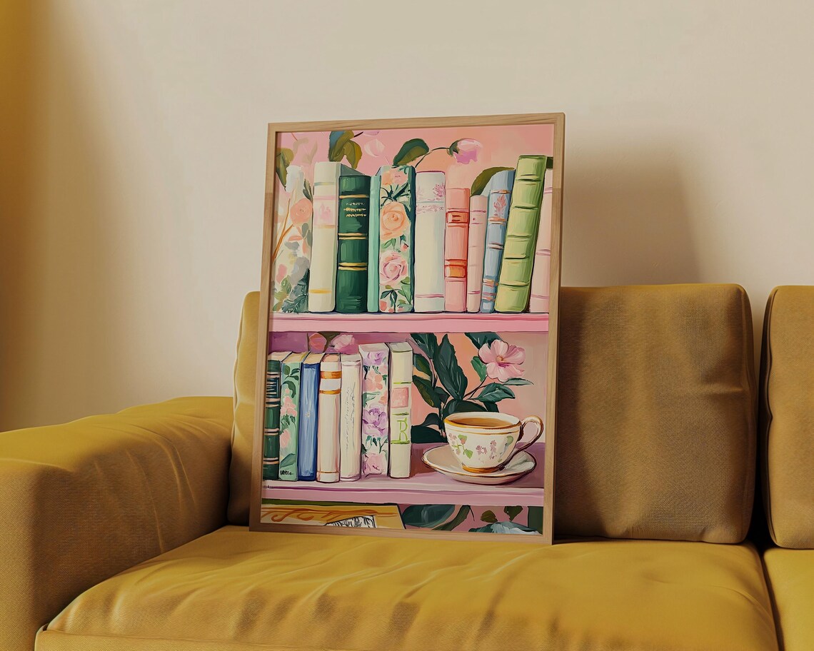 Pastel Book Stack Painting, Whimsical Reading Nook Art - Image 4