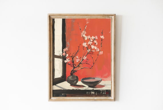 Cherry Blossom Painting Sakura Art Chinoiserie Wall Art Vintage Flower Print Coquette Room Decor Japandi Art Impasto Painting