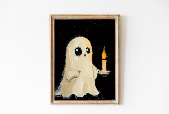 Cute Ghost Holding Candle Black Background Spooky Night Poster