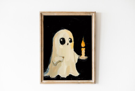 Vintage Cute Ghost Holding A Candle Wall Oil Painting Halloween Nursery Decor Cute Spooky Wall Art Coquette Room Decor Print