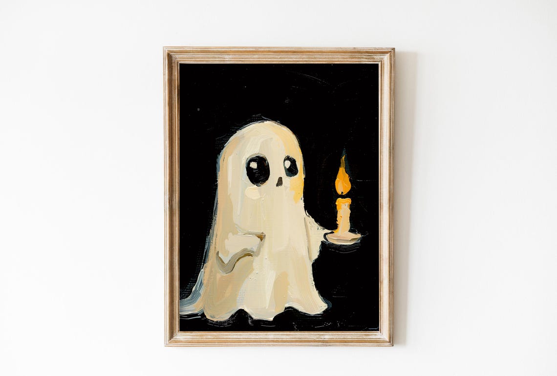 Cute Ghost Holding Candle Black Background Spooky Night Poster