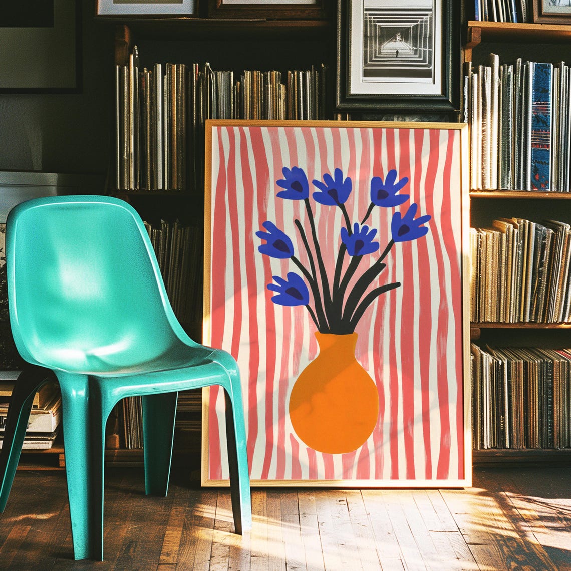 Blue Flowers In Orange Vase On Pink Striped Background Art Poster - Image 2