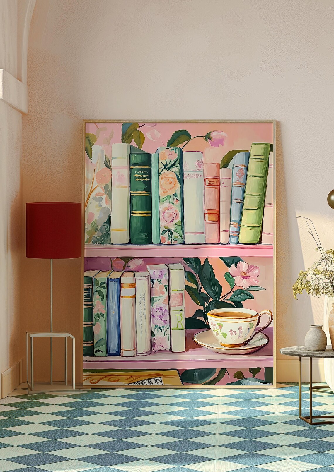 Pastel Book Stack Painting, Whimsical Reading Nook Art - Image 3