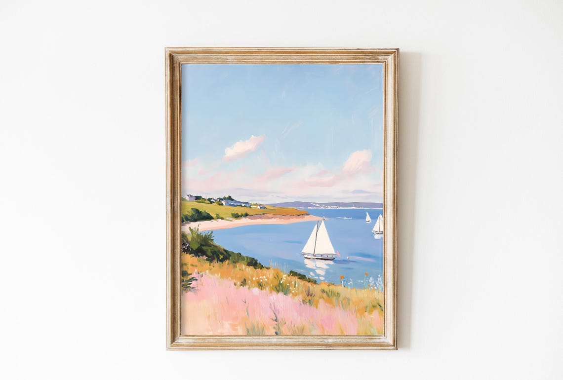 Retro Amalfi Beach Poster, Coastal Sailboat Art Print