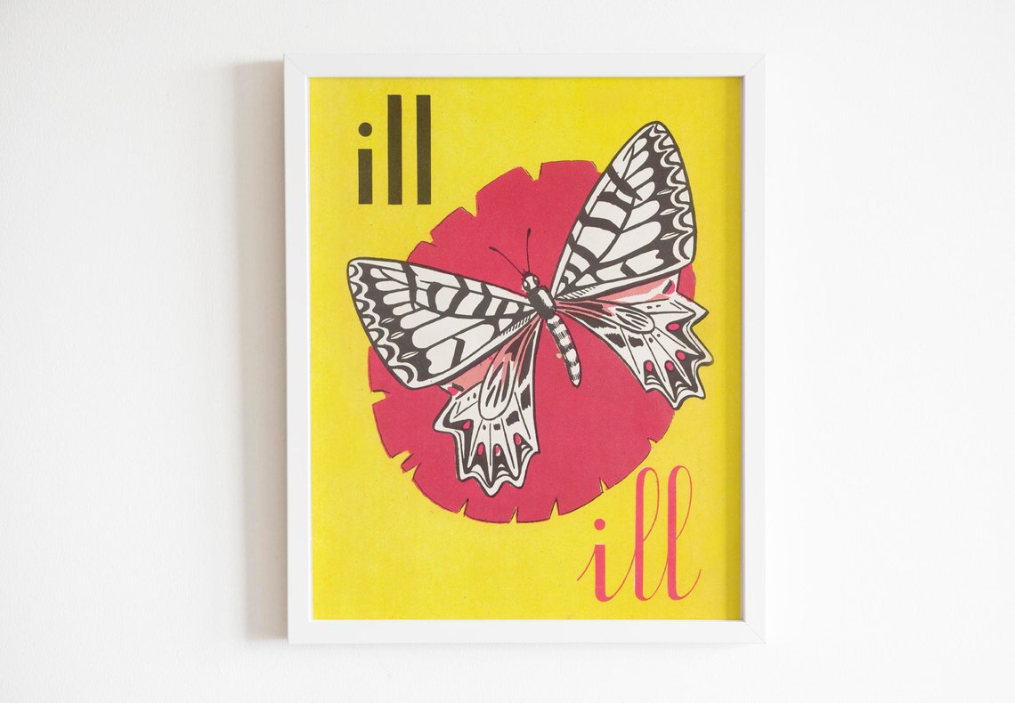 Yellow Butterfly Graphic Illustration With Red Circle Retro Wall Art