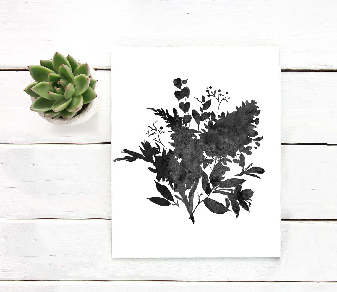 Black Ink Watercolor Floral Bouquet Silhouette Minimal Art Poster
