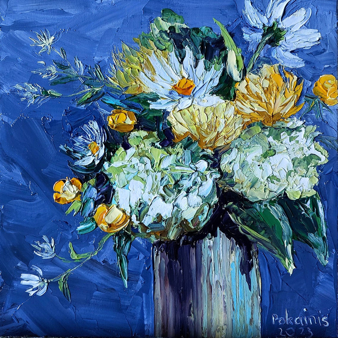 White Hydrangea and Daisy Bouquet Impasto Oil Floral Art Poster