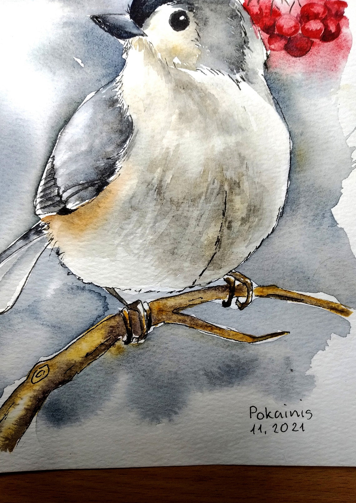 Tufted Titmouse with Winter Berries Watercolor Bird Art Poster - Image 3