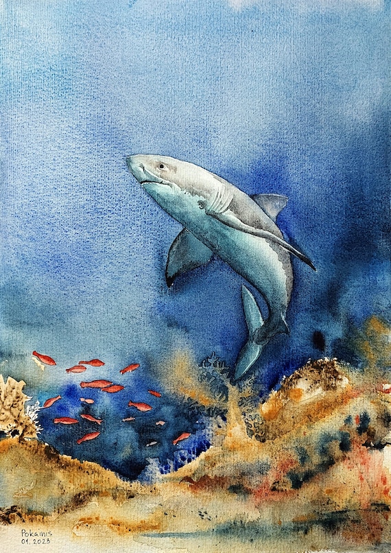 Great White Shark Over Coral Reef Watercolor Ocean Life Poster