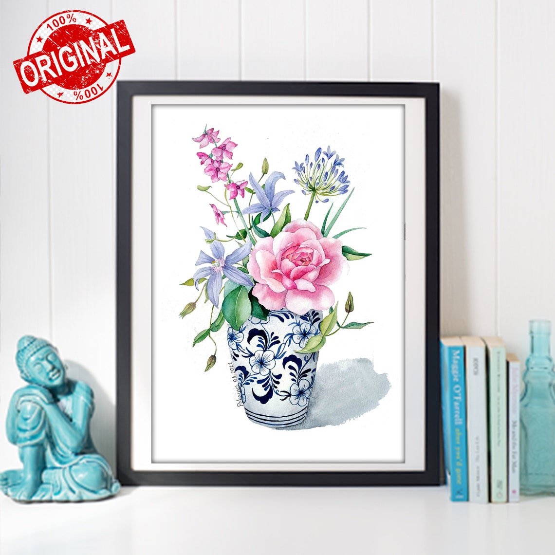 Watercolor Pink Rose Bouquet Poster In Blue Chinoiserie Vase - Image 3