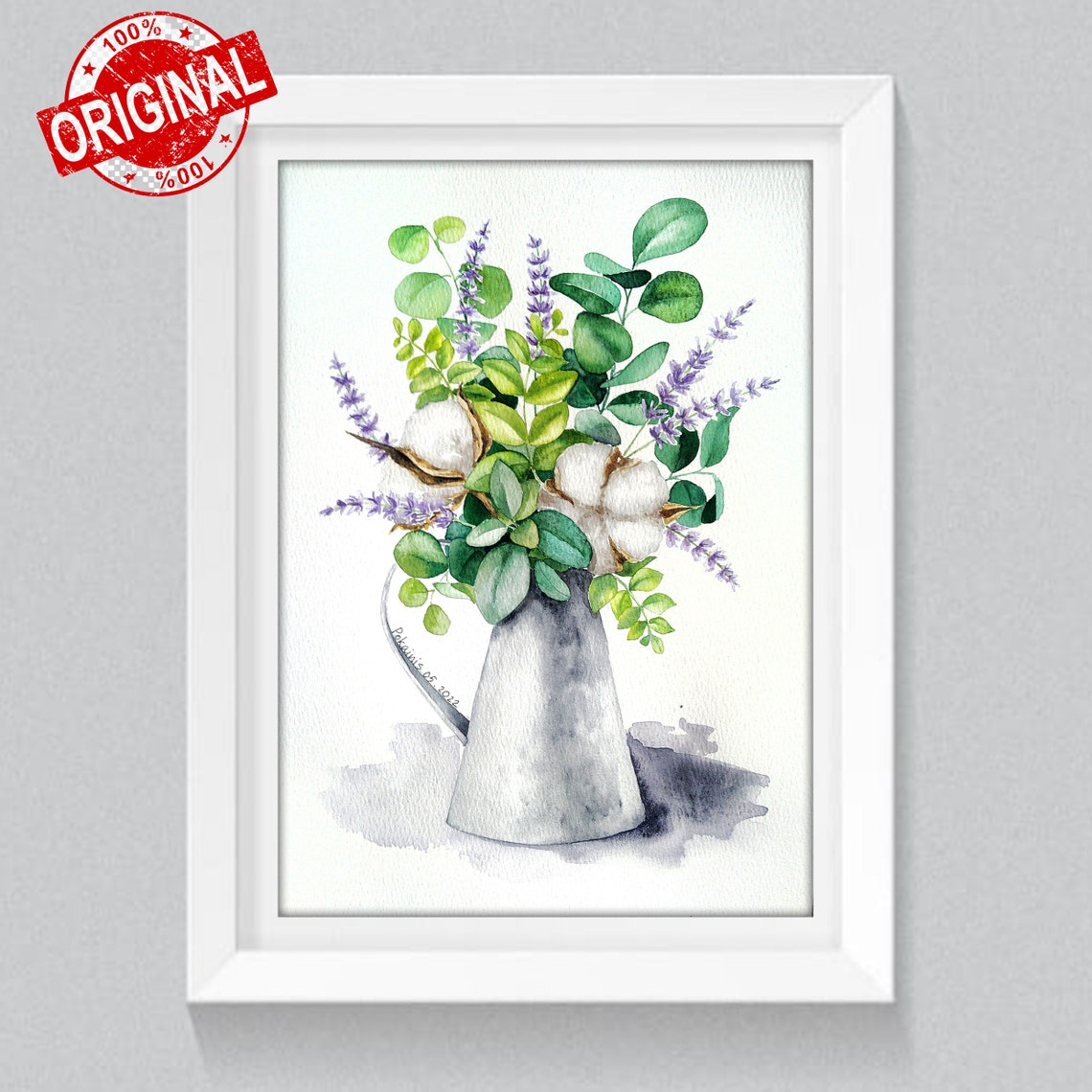 Cotton Eucalyptus Lavender in Zinc Pitcher Watercolor Poster - Image 2