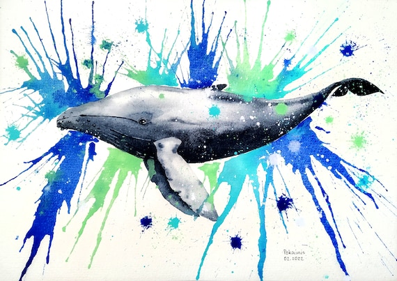 Humpback Whale with Blue Paint Splashes Watercolor Ocean Poster