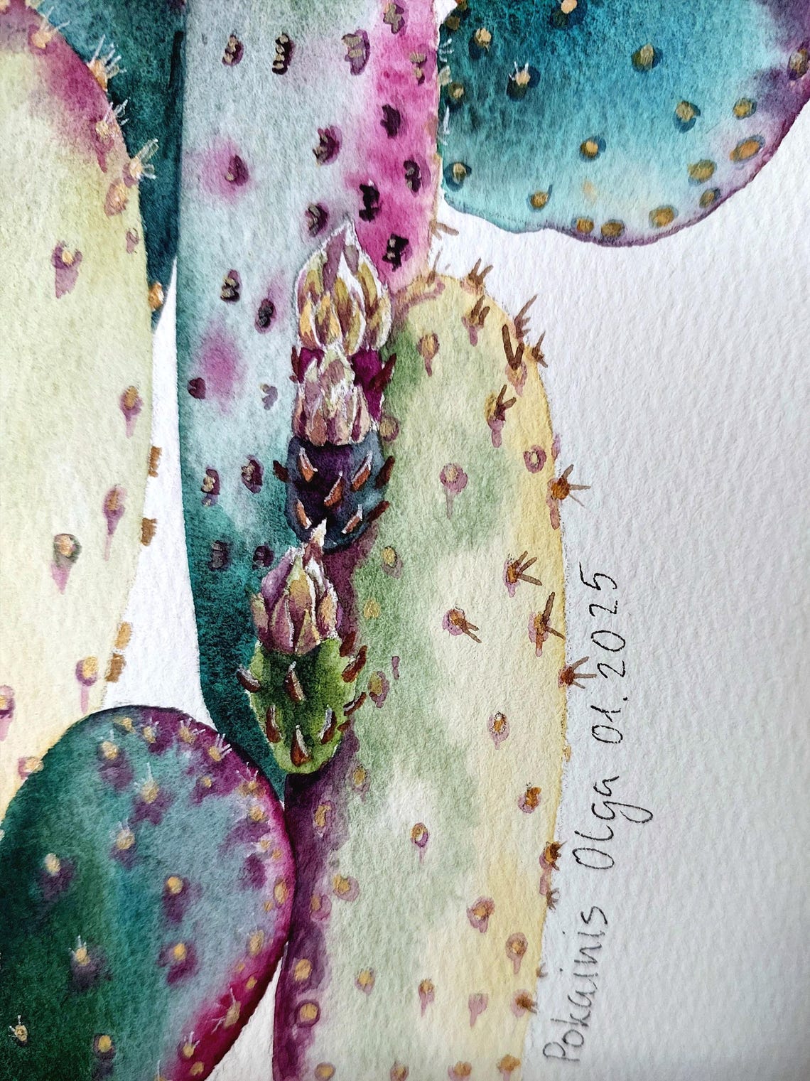 Purple Prickly Pear Watercolor Poster With Yellow Cactus Flowers - Image 4