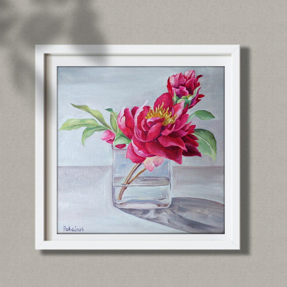 Red Peonies in Clear Glass Vase Oil Floral Still Life Poster - Image 2