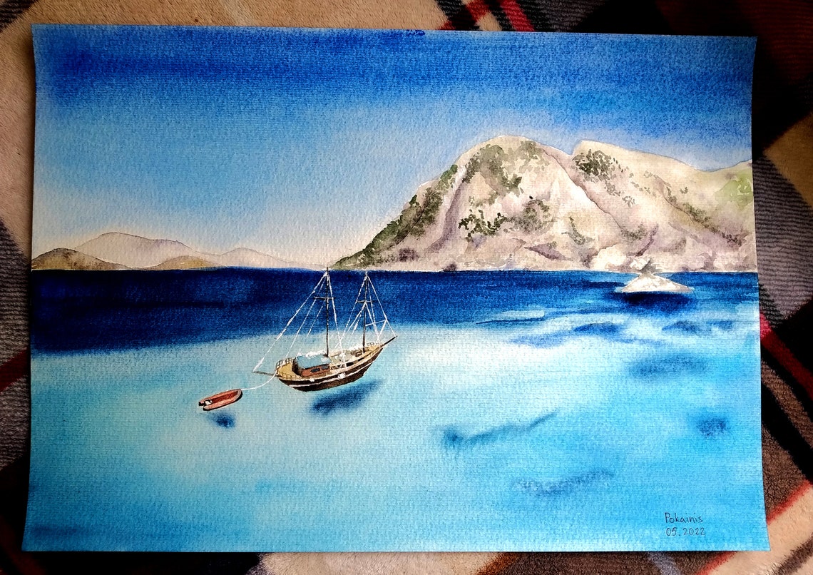 Sailboat by Rocky Island Watercolor Deep Blue Ocean Voyage Poster - Image 4