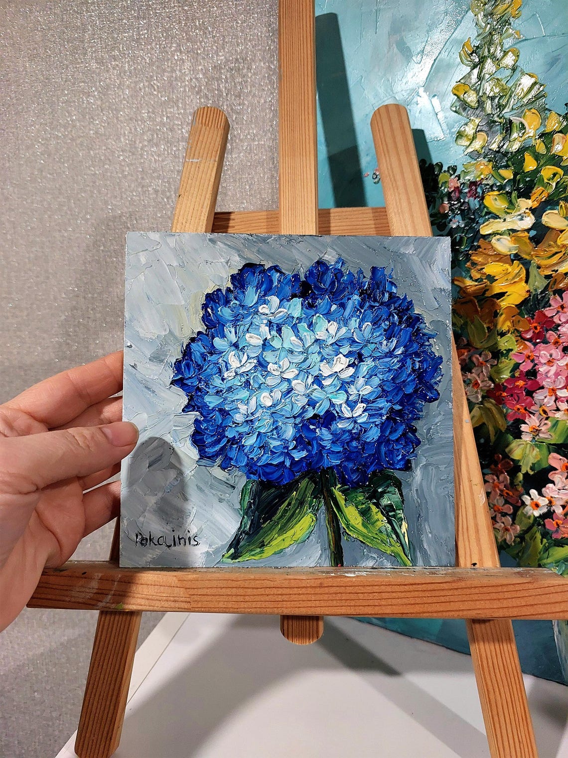 Single Blue Hydrangea Head Cobalt White Thick Impasto Poster - Image 2