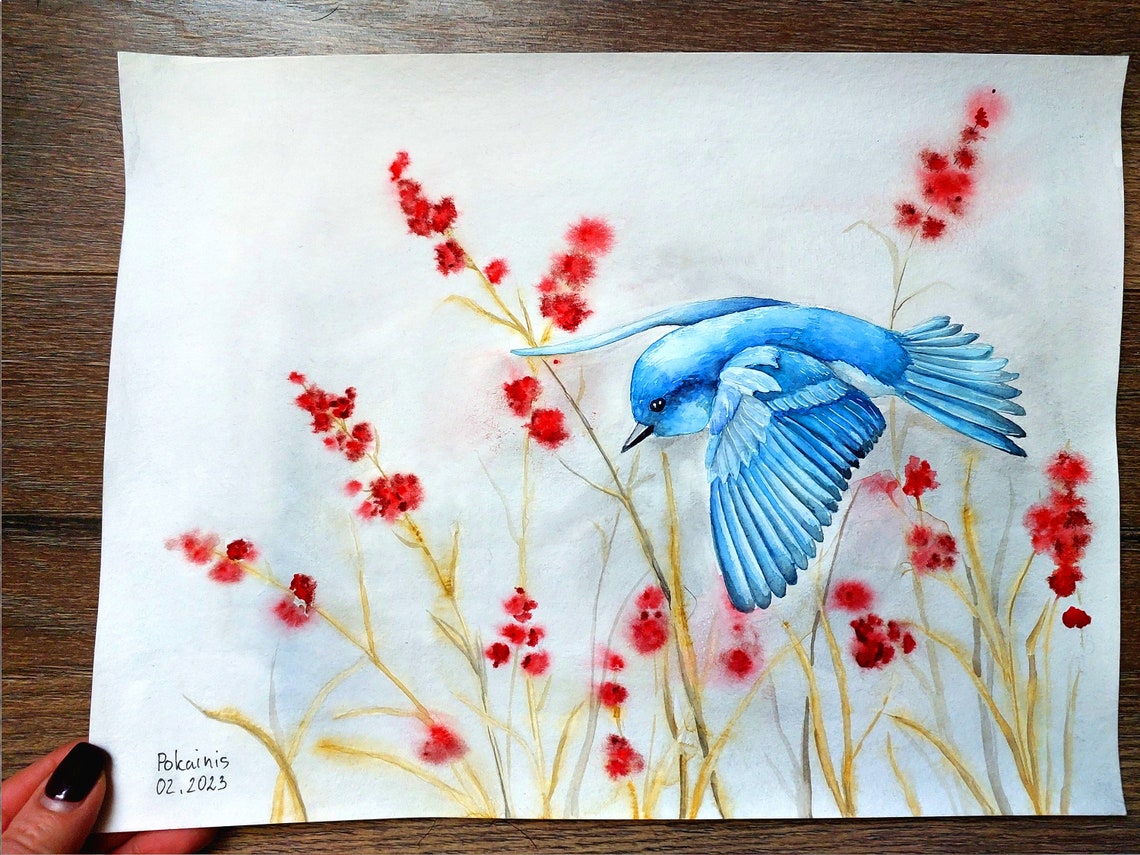 Bluebird in Flight Among Red Winter Berries Watercolor Poster - Image 4