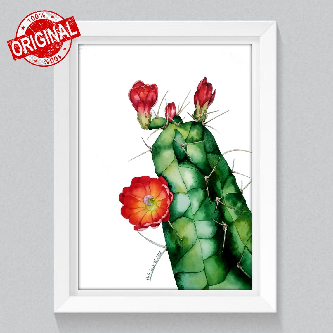Spiny Green Cactus with Red Flowers Watercolor Botanical Poster - Image 2