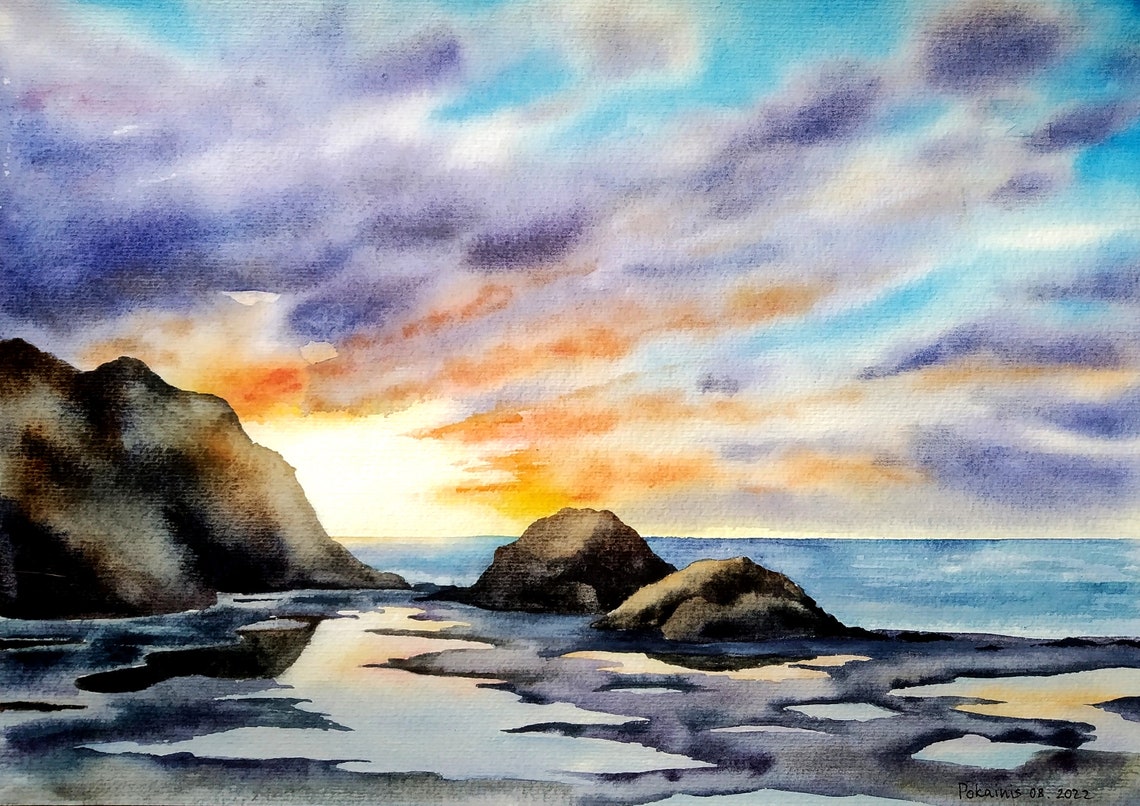 Rocky Coast at Sunset Over Ocean Watercolor Seascape Art Poster