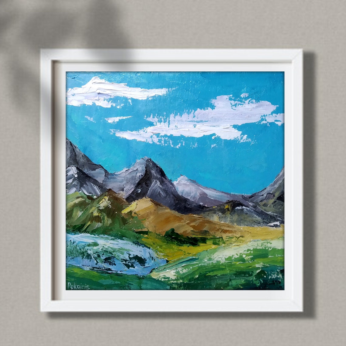 Gray Mountain Peaks Under Blue Sky Impasto Oil Landscape Poster - Image 2
