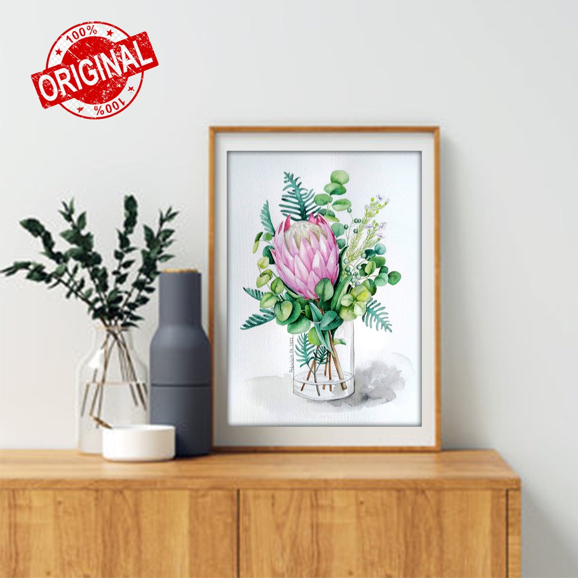 Pink King Protea Watercolor Poster In Glass Vase With Greenery - Image 2