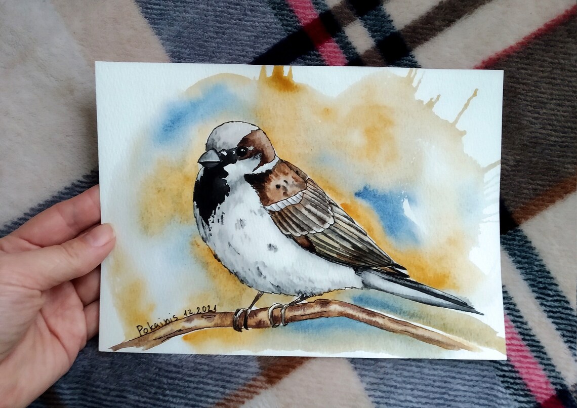 Male House Sparrow on Branch Golden Background Watercolor Poster - Image 3