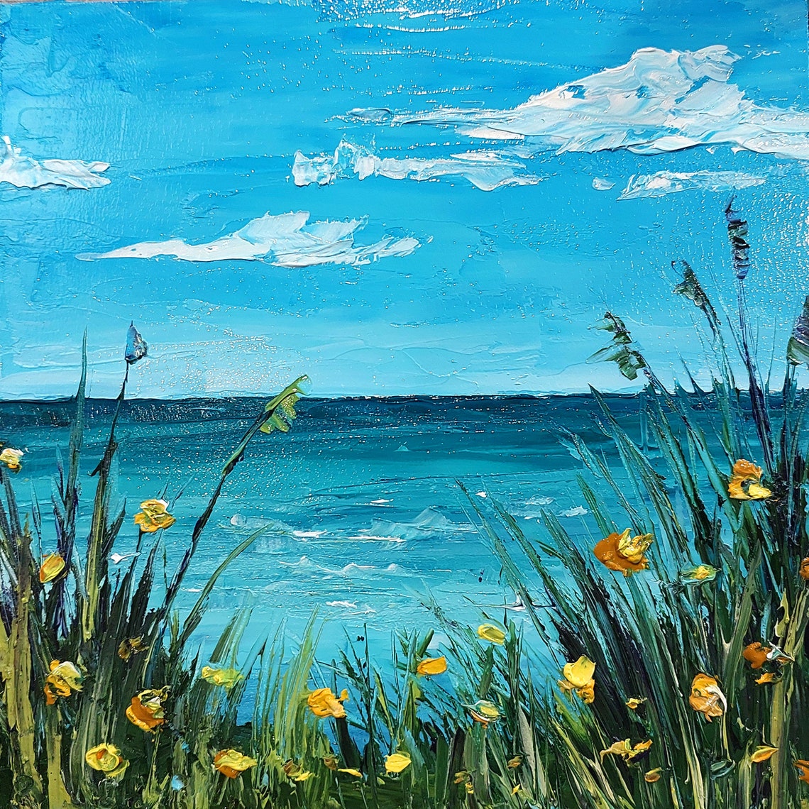 Ocean View Coastal Grass Yellow Poppies Bold Impasto Oil Poster