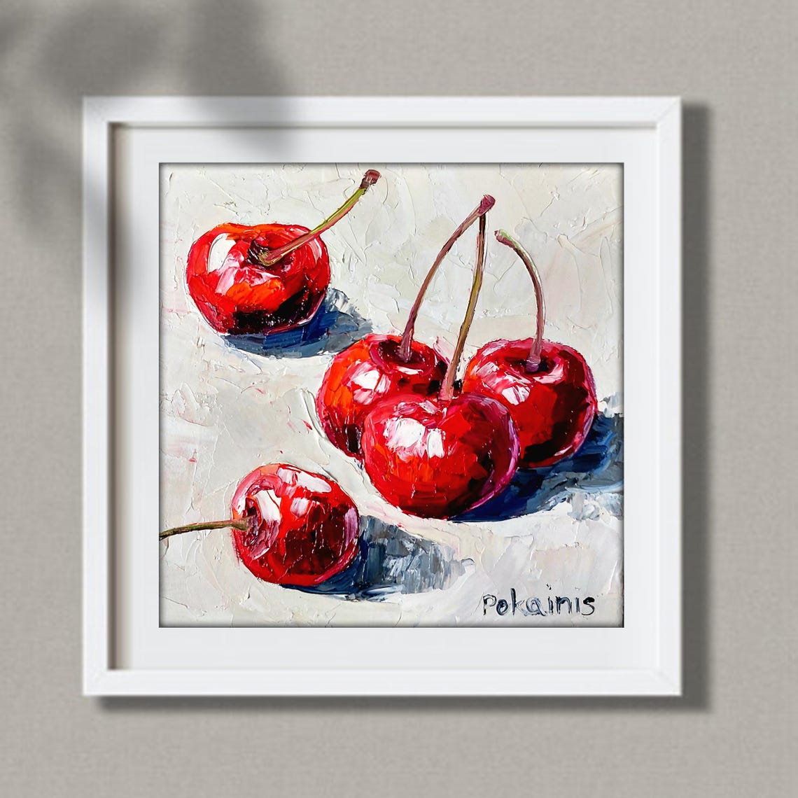 Red Cherries Impasto Oil Painting Poster Glossy Fruit Still Life - Image 2