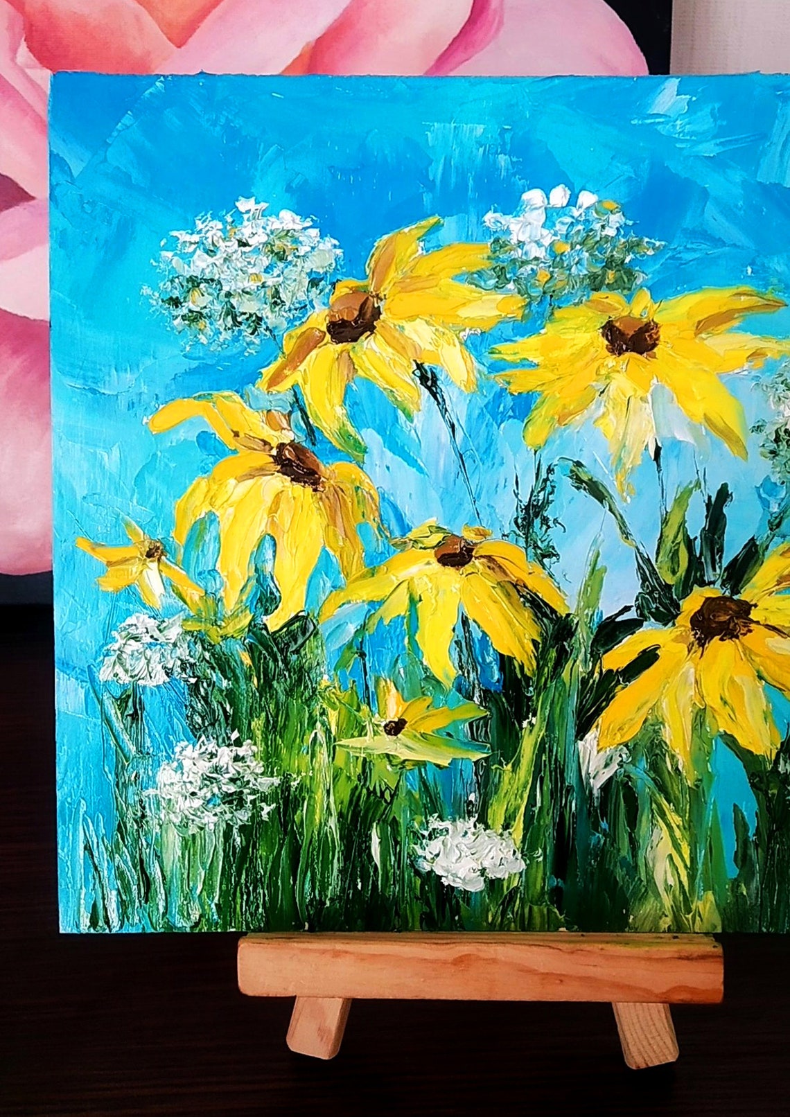Yellow Coneflowers Swaying Against Blue Sky Impasto Oil Poster - Image 2