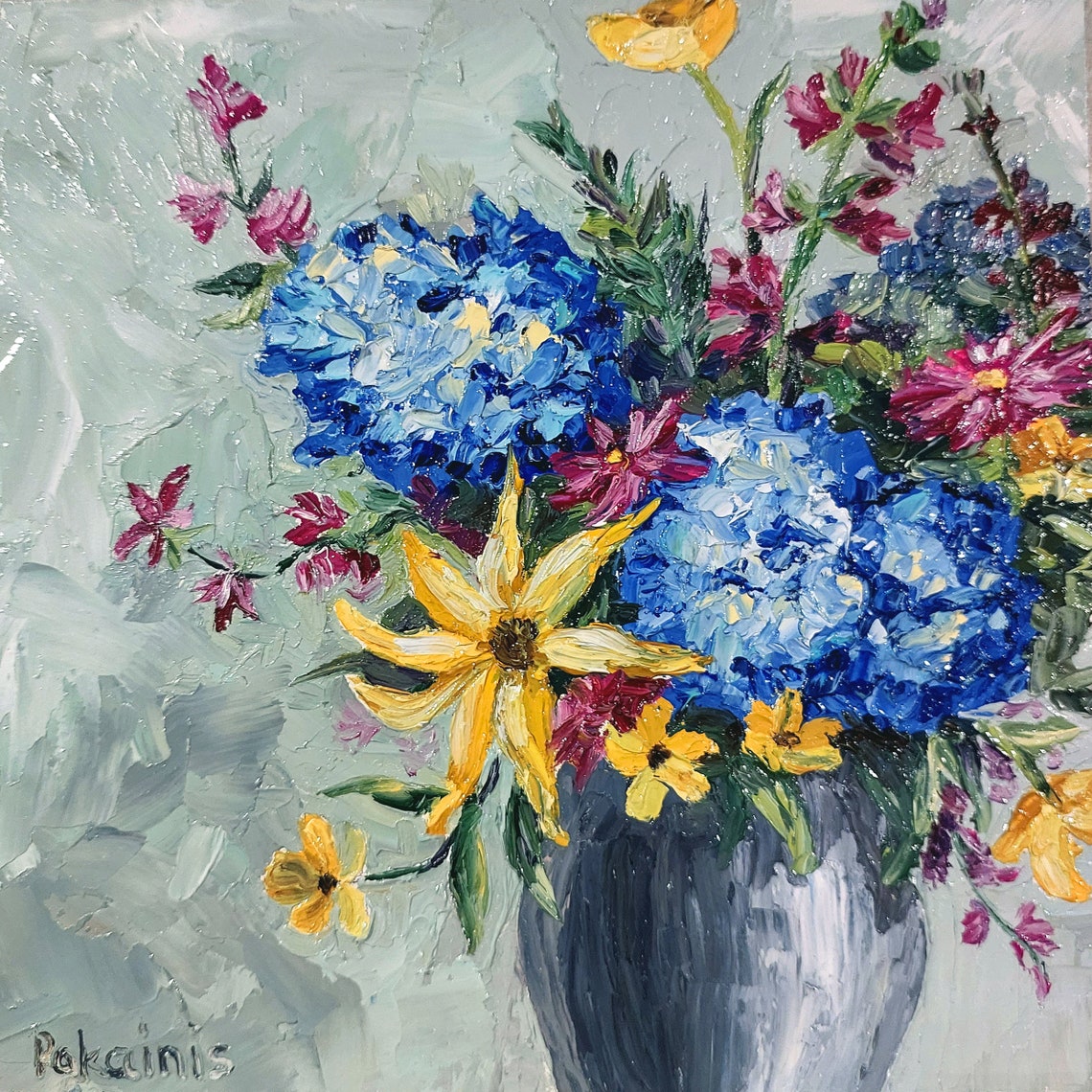 Blue Hydrangeas and Golden Daisies Bouquet Vase Impasto Oil Poster