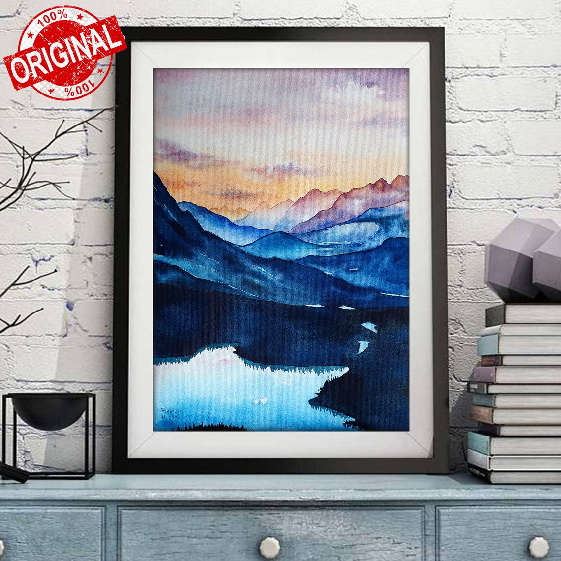 Mountain Lake Sunset Watercolor Poster Blue Peaks Reflection - Image 2