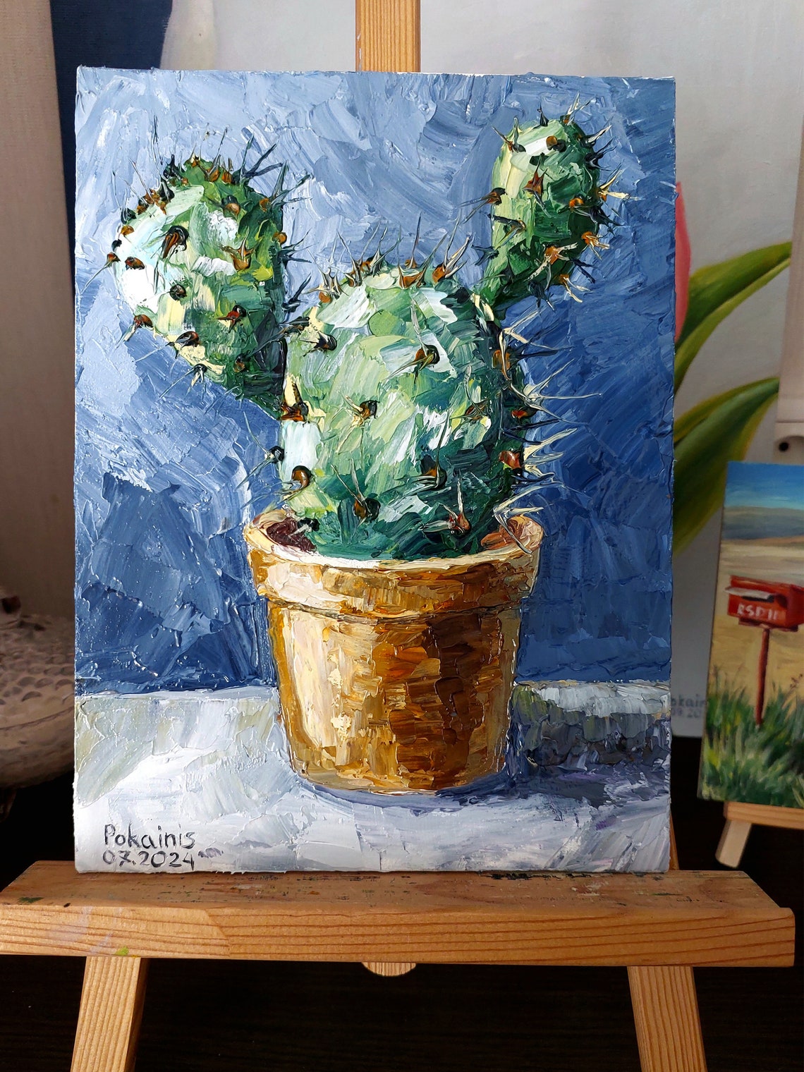 Round Pad Cactus in Terracotta Pot Impasto Oil Still Life Poster - Image 2
