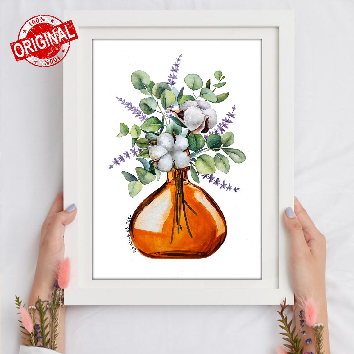Cotton Eucalyptus Lavender Bouquet in Amber Vase Watercolor Poster - Image 4