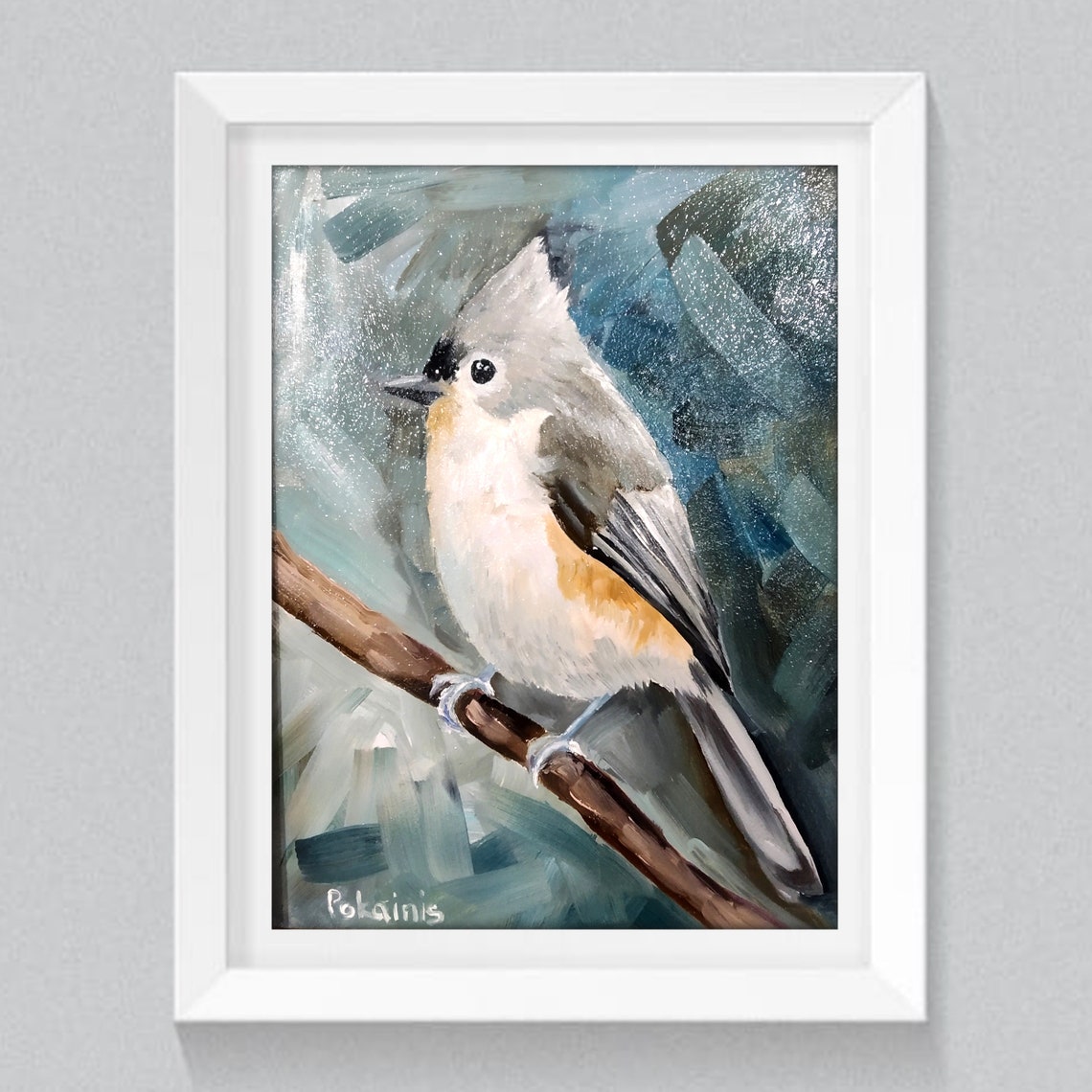 Tufted Titmouse on Snowy Branch Winter Oil Bird Portrait Poster - Image 5