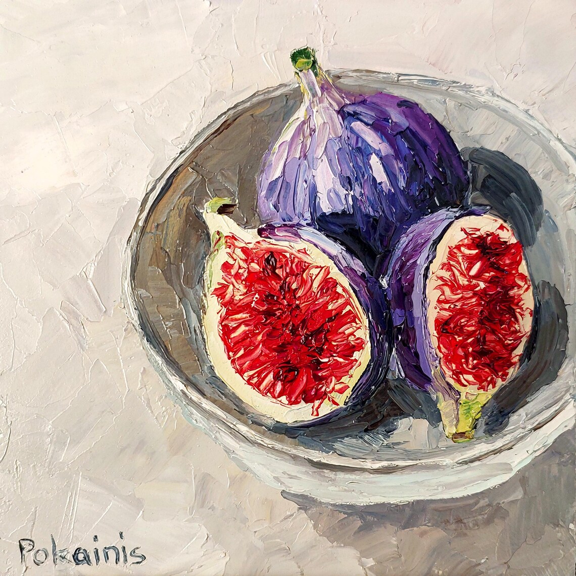 Ripe Figs Halved in Glass Bowl Impasto Oil Still Life Poster