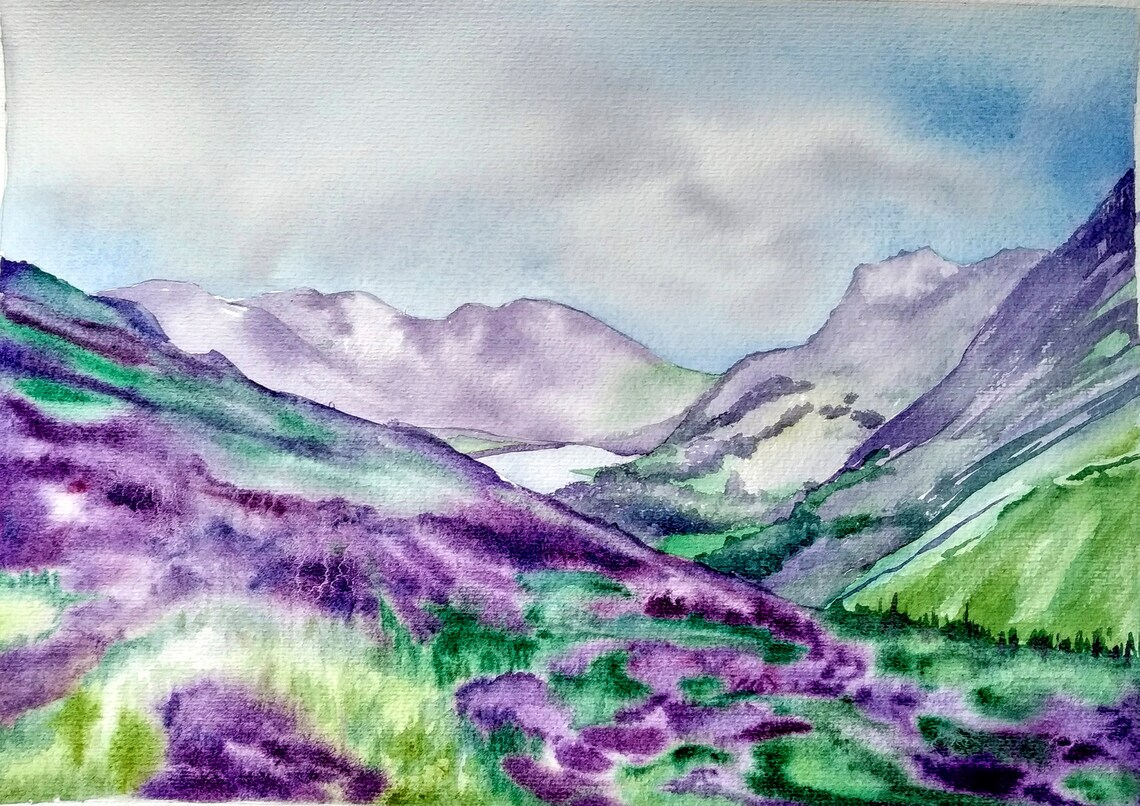 Purple Heather Hills Misty Gray Mountain Valley Watercolor Print